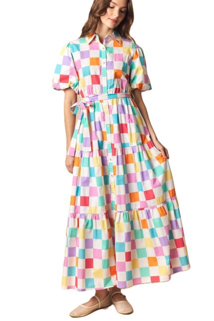 Checker Printed Cotton Poplin Puff Sleeve Maxi Dress