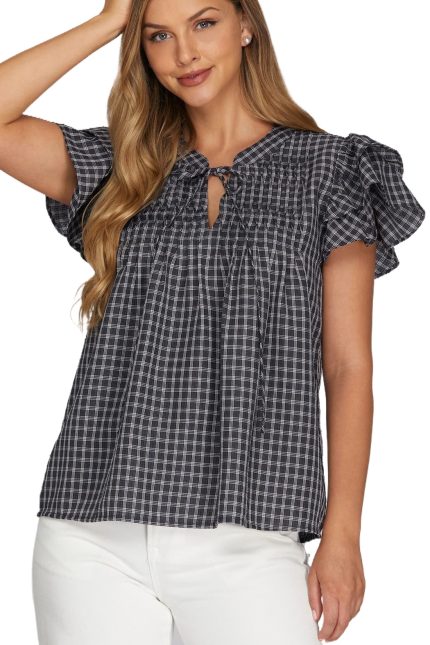 Ruffle Sleeve Pintuck Woven Gingham Top