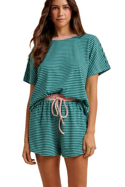 Loose Fit Striped Knit Top And Mini Shorts Set