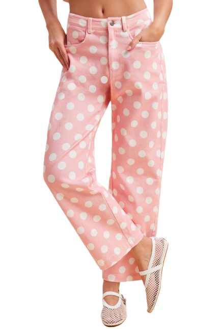 Polka Dot Print Cotton Twill Wide Straight Leg Pants