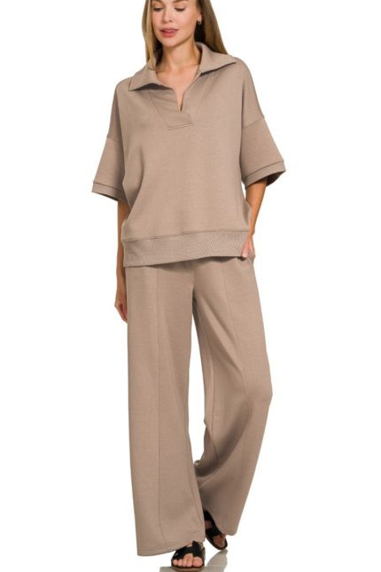 Scuba Collared Short Sleeve Pullover And Center Seam Pants Set