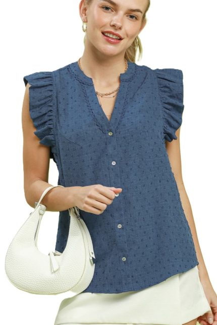 Swiss Dot Ruffle Sleeve Button Front Blouse