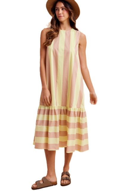 Bold Striped Cotton Sleeveless Tiered Midi Dress