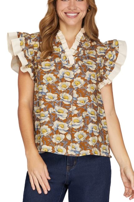 Ruffled Sleeve Ruffled Neck Printed Top