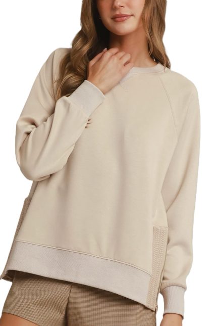 Crochet Side Gold Zip Pullover
