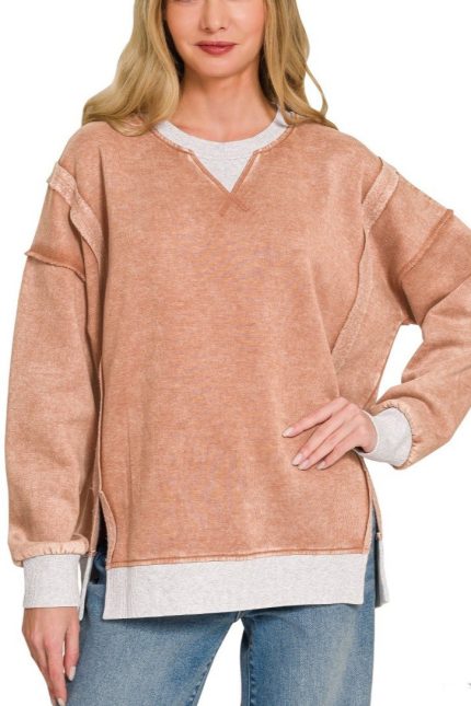 Plus Fleece Acid Washed Contrast Trim Pullover