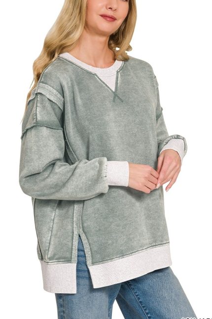 Fleece Acid Washed Contrast Trim Pullover