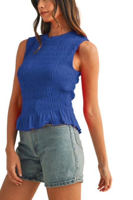 Smocking Detail Ruffle Hem Knit Tank Top