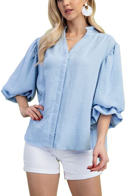3/4 Length Gathered Balloon Sleeve Blouse
