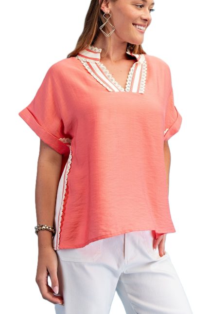 V-neck Pullover Top With Lace Trimmed Stripe Details