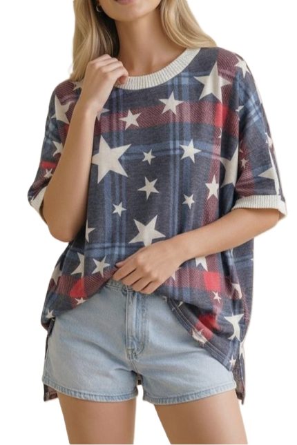 Star And Plaid Check French Terry Knit Top