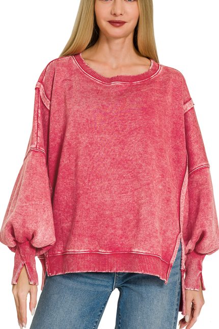 Acid Washed Batwing Sleeve Fleece Sweatshirts