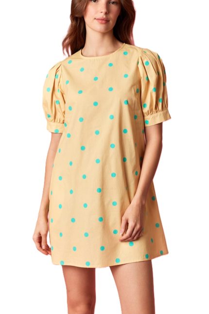 Puff Short Sleeve Poplin Polka Dot Printed Mini Dress
