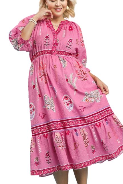 Plus Floral Collage Print Y-neck Midi Dress