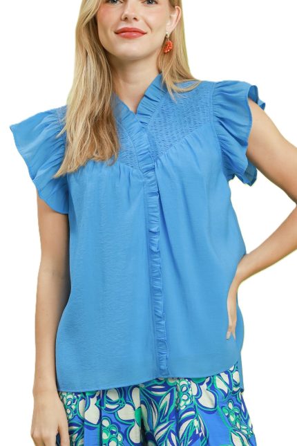 Smocked Yoke Ruffle Sleeve Blouse