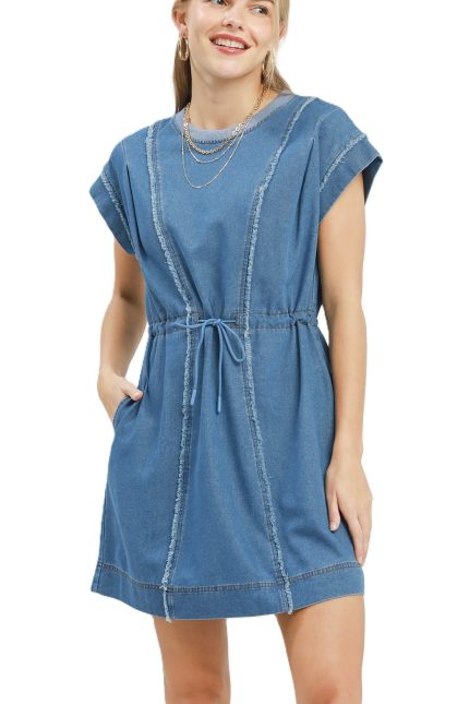 Drawstring Waist Frayed Denim Mini Dress