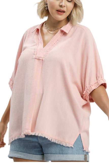 Plus Linen Frayed Edge Split Neck Short Sleeve Top