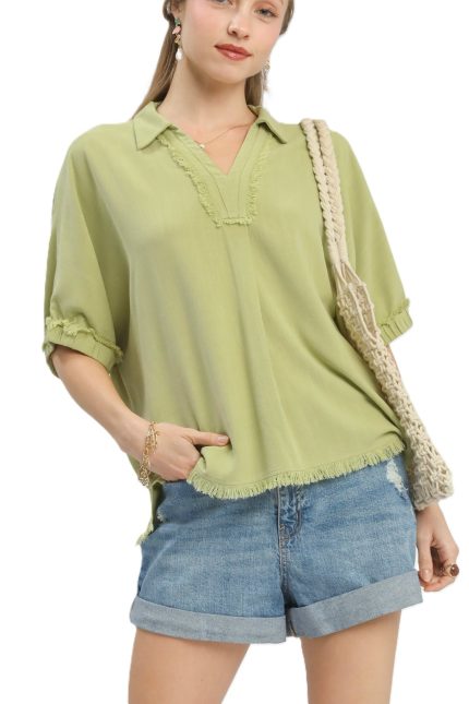 Linen Frayed Edge Split Neck Short Sleeve Top