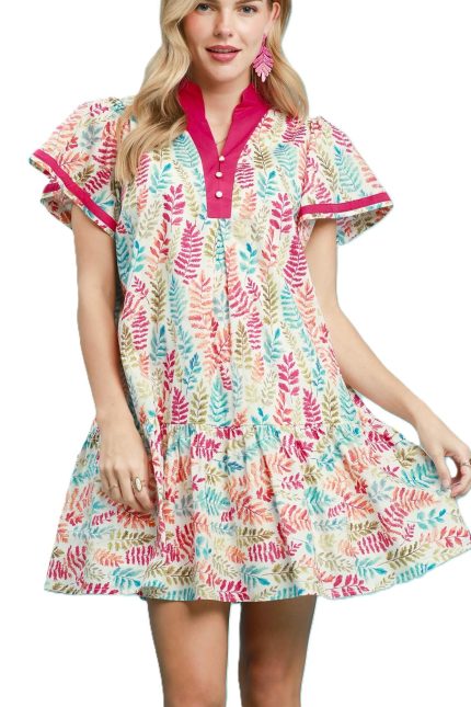 Leaf Print Flutter Sleeve Tiered Mini Dress