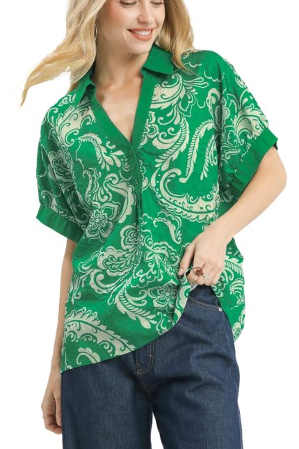 Paisley Print Button-up Collared Top