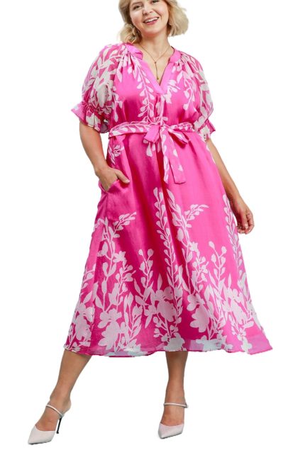 Plus Floral Print Tie Waist Midi Dress