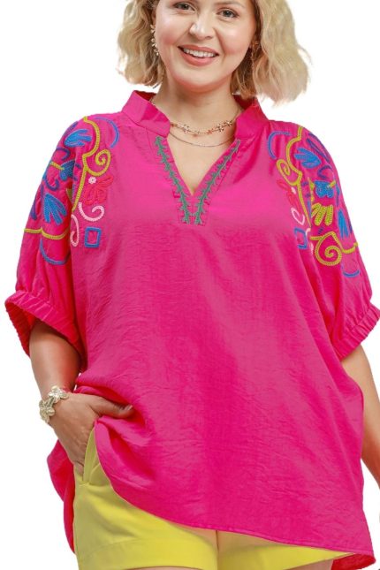 Plus Multicolor Embroidered Split Neck Top