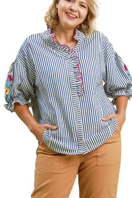 Plus Embroidered Ruffle Trim Stripe Blouse