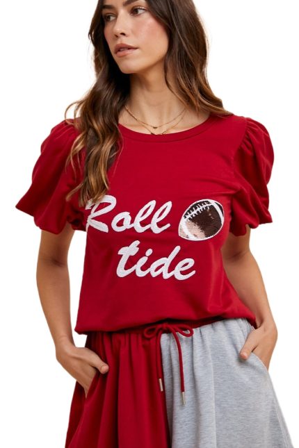 Gameday Glitter Lettering Bubble Sleeve Knit Top