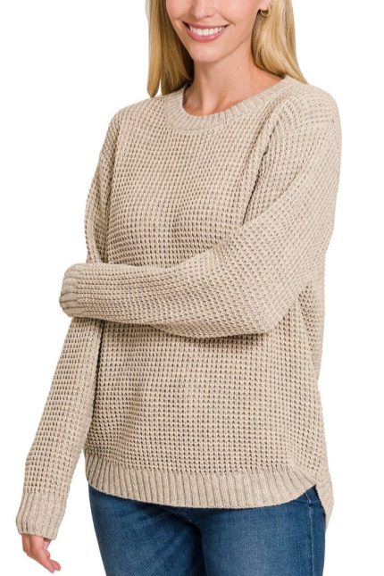 Hi-low Long Sleeve Round Neck Waffle Sweater