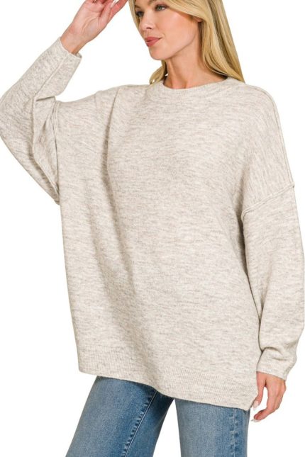 Oversized Round Neck Exposed Seam Melange Sweater