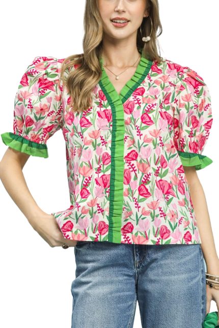 Floral Ruffle Trim Puff Sleeve Blouse