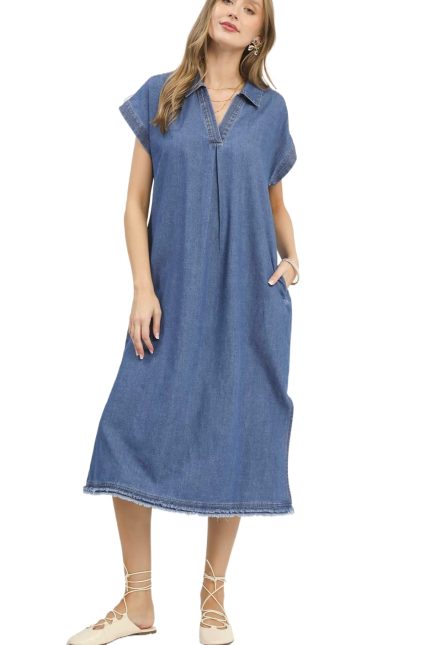 Stone Washed Collared Denim Midi Dress