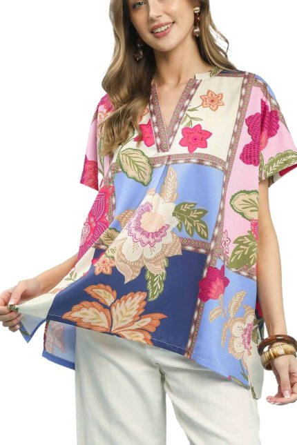 Boho Floral Patchwork V-neck Top