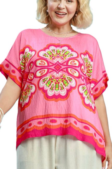 Plus Mix Medallion Print Short Sleeve Top