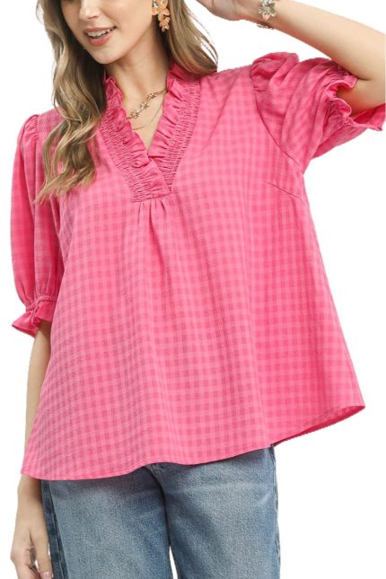 Textured Check Ruffle V-neck Blouse