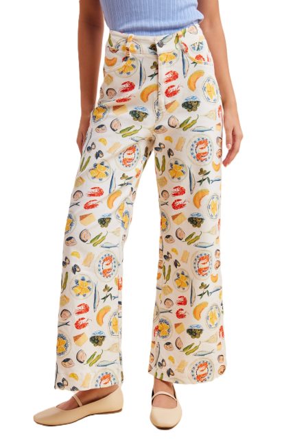 Mediterranean Food Motif Flared Stretch Denim Pants