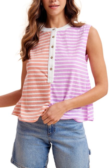 Color Block Striped Knit Henley Neck Tank Top