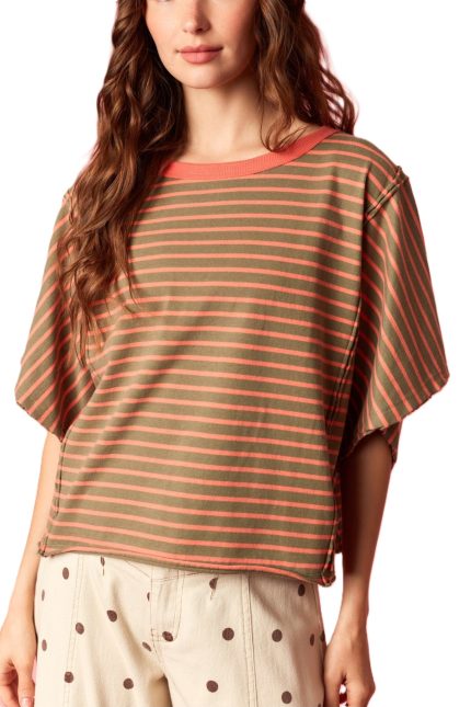 Yarn Dyed Stripe Round Neck Dolman Tee