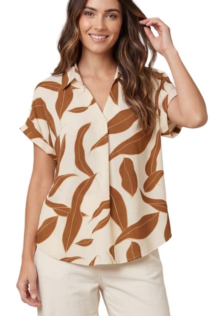 Drop Shoulder Collared Printed Woven Top