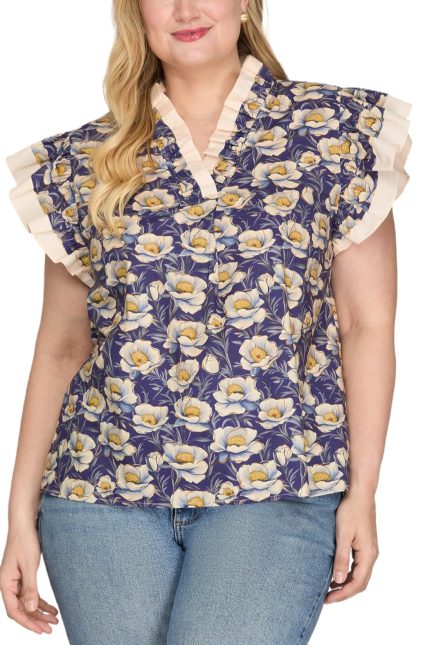 Plus Ruffled Neck Printed Top