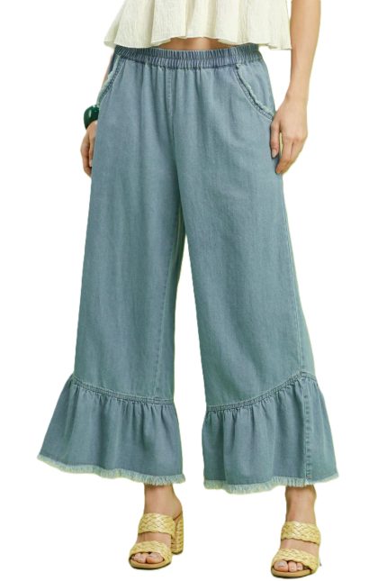 Washed Denim Wide Leg Pants