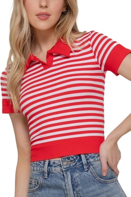 Short Slv Tripe Seamless Polo Top