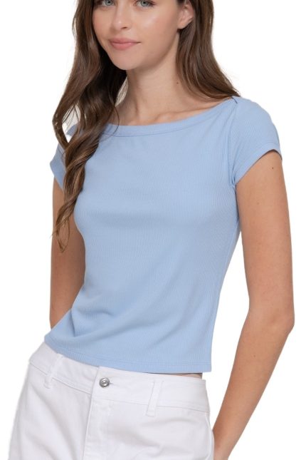 Cap Sleeve Boat Neck Rib Knit Top