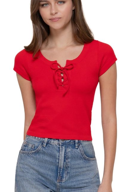 Short Slv Lace Up Waffle Seamless Top
