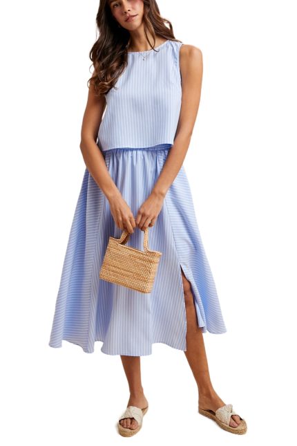 Stripe Sleeveless Top And Front Slit Midi Skirt Set