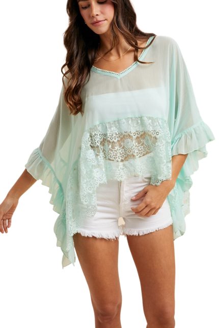 Lace Trimmed Chiffon Cape-style Blouse
