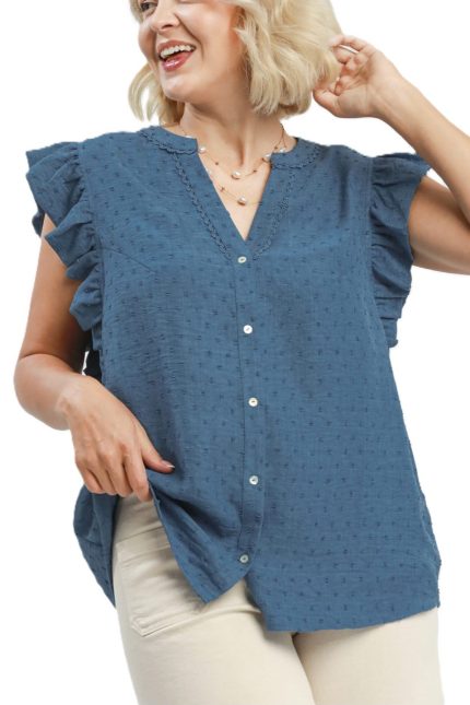 Plus Swiss Dot Ruffle Sleeve Button Front Blouse
