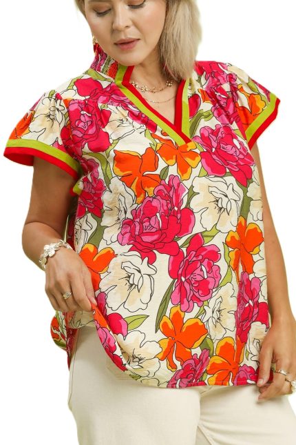 Plus Floral Print Blouse With Contrast Trim