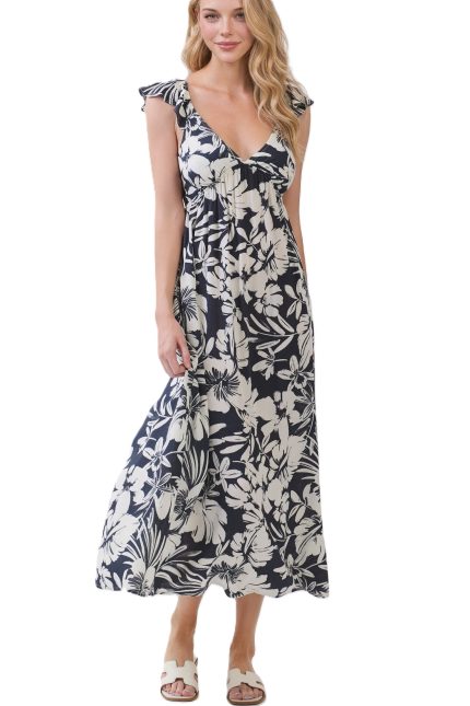 Print V-neck Ruffle Cami Sleeve Midi Dress