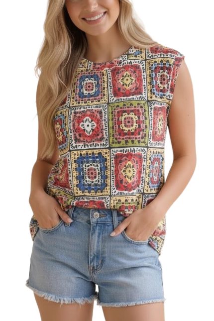 Round Neck Banded Crochet Print Knit Top